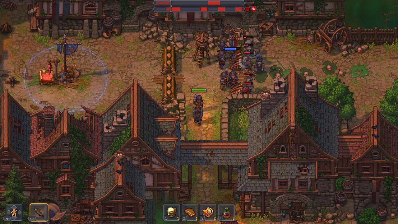 Graveyard Keeper 2 gameplay screenshot showing the Keeper and undead troops defending a medieval town street.