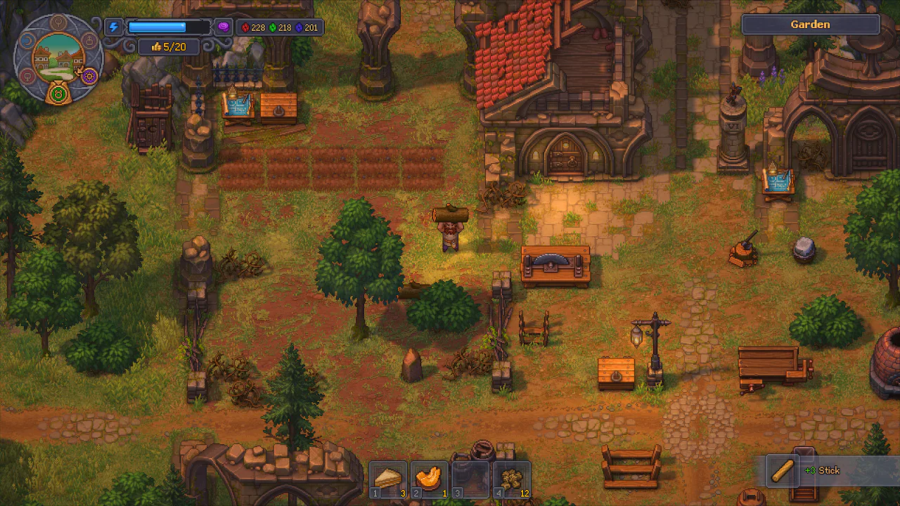 Graveyard Keeper 2 gameplay screenshot showing the Keeper carrying wood through a garden and partially restored medieval town.